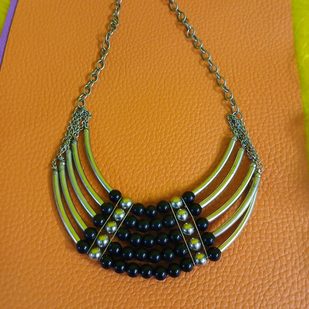 Silver Tone Multi-Layer Statement Necklace Black … - image 6